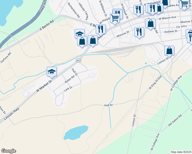 map of restaurants, bars, coffee shops, grocery stores, and more near 10 Lark Circle in York