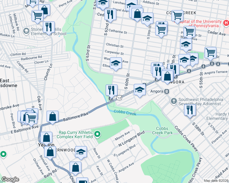 map of restaurants, bars, coffee shops, grocery stores, and more near 1201 South 61st Street in Philadelphia