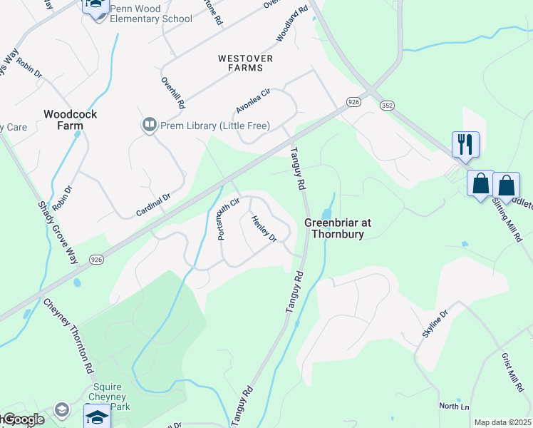 map of restaurants, bars, coffee shops, grocery stores, and more near 163 Portsmouth Circle in Glen Mills