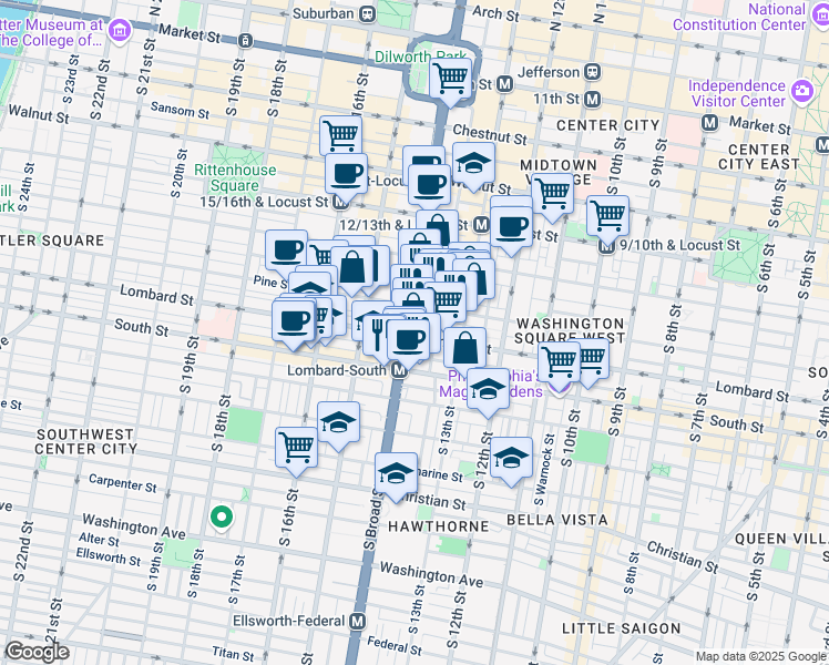 map of restaurants, bars, coffee shops, grocery stores, and more near 425 South Broad Street in Philadelphia