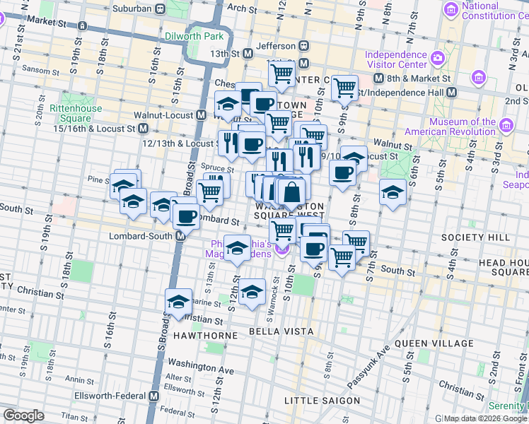 map of restaurants, bars, coffee shops, grocery stores, and more near in Philadelphia