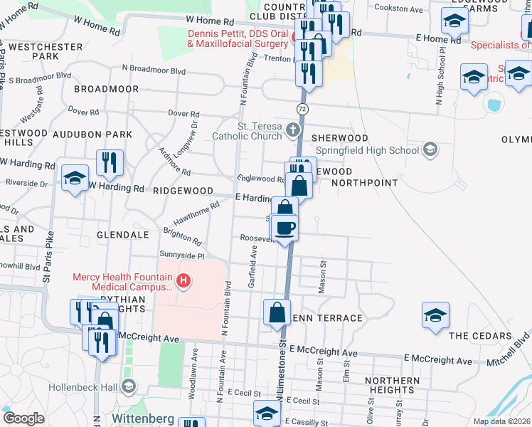 map of restaurants, bars, coffee shops, grocery stores, and more near 118 5th Street in Springfield