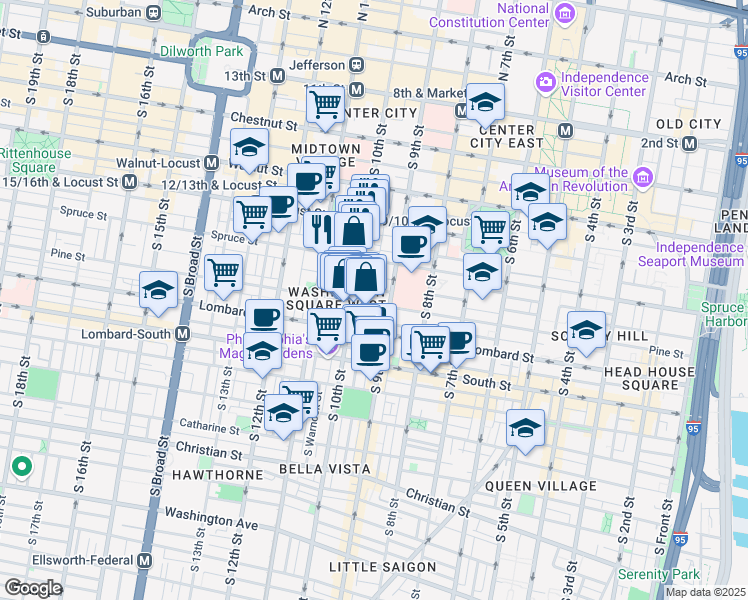 map of restaurants, bars, coffee shops, grocery stores, and more near 917 Pine Street in Philadelphia
