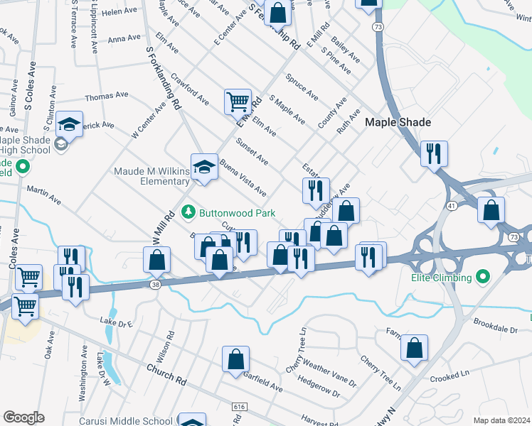 map of restaurants, bars, coffee shops, grocery stores, and more near 612 South Forklanding Road in Maple Shade Township