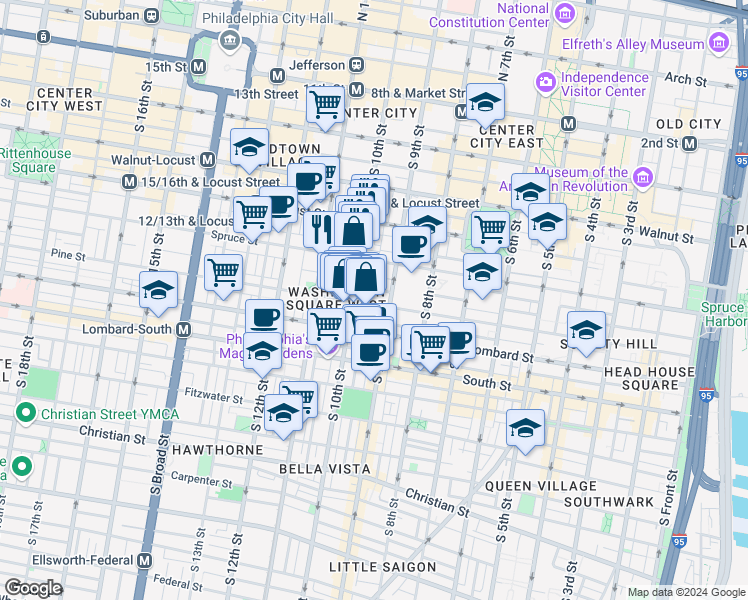 map of restaurants, bars, coffee shops, grocery stores, and more near 917 Pine Street in Philadelphia