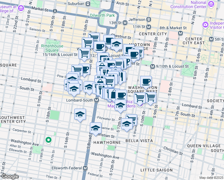 map of restaurants, bars, coffee shops, grocery stores, and more near 1310 Waverly Street in Philadelphia