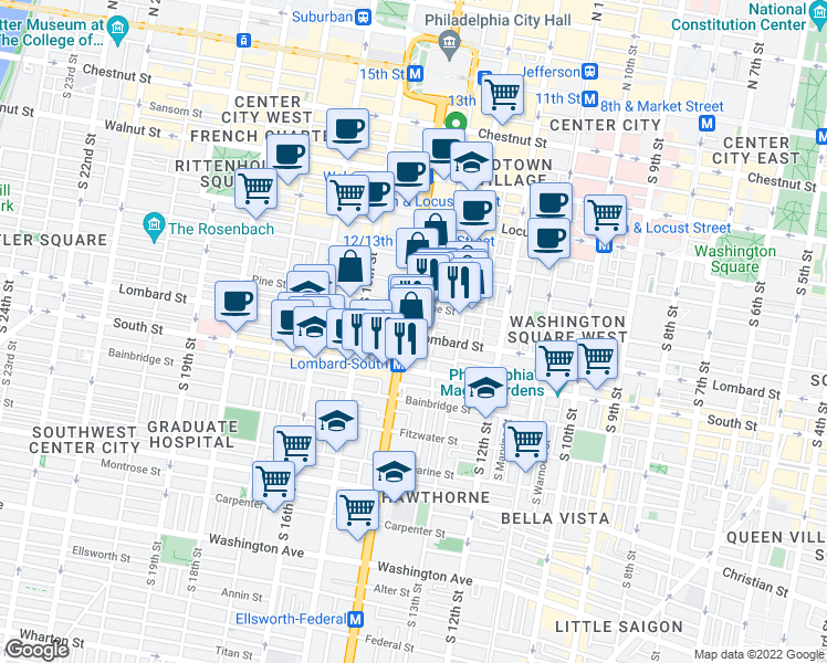 map of restaurants, bars, coffee shops, grocery stores, and more near in Philadelphia