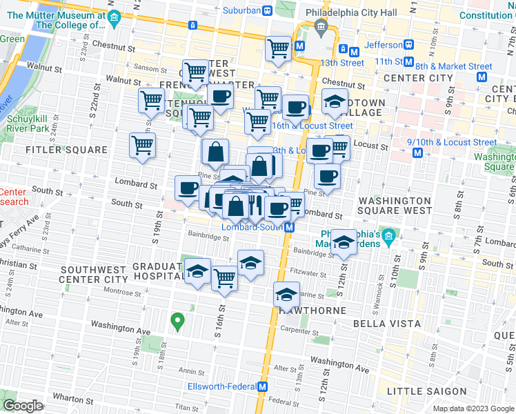 map of restaurants, bars, coffee shops, grocery stores, and more near 1508 Lombard Street in Philadelphia