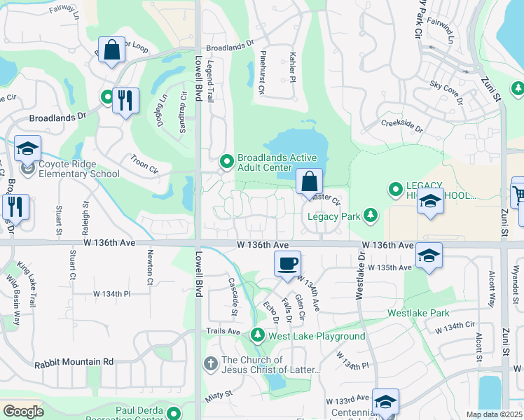 map of restaurants, bars, coffee shops, grocery stores, and more near 13704 Stone Circle in Broomfield