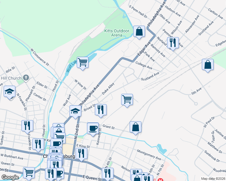 map of restaurants, bars, coffee shops, grocery stores, and more near 723 Broad Street in Chambersburg