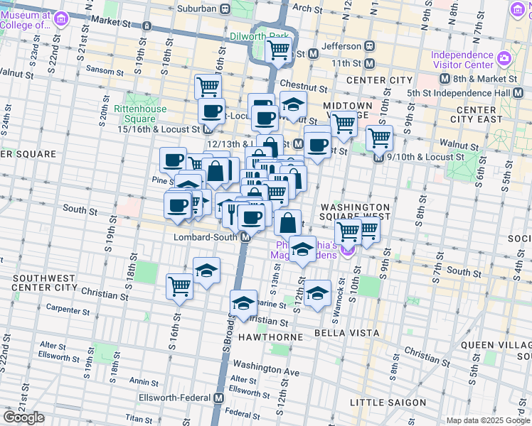 map of restaurants, bars, coffee shops, grocery stores, and more near 1329 Lombard Street in Philadelphia