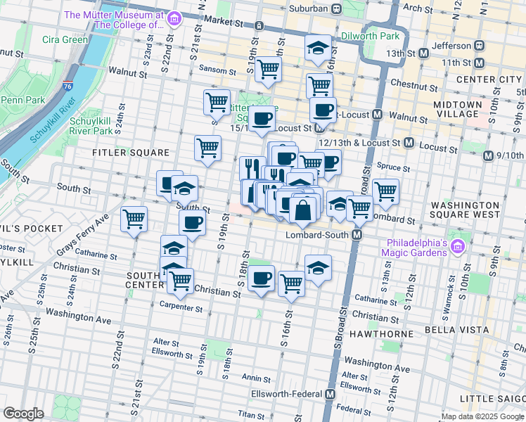 map of restaurants, bars, coffee shops, grocery stores, and more near 1727 Rodman Street in Philadelphia