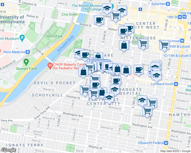map of restaurants, bars, coffee shops, grocery stores, and more near 2208 Kater Street in Philadelphia