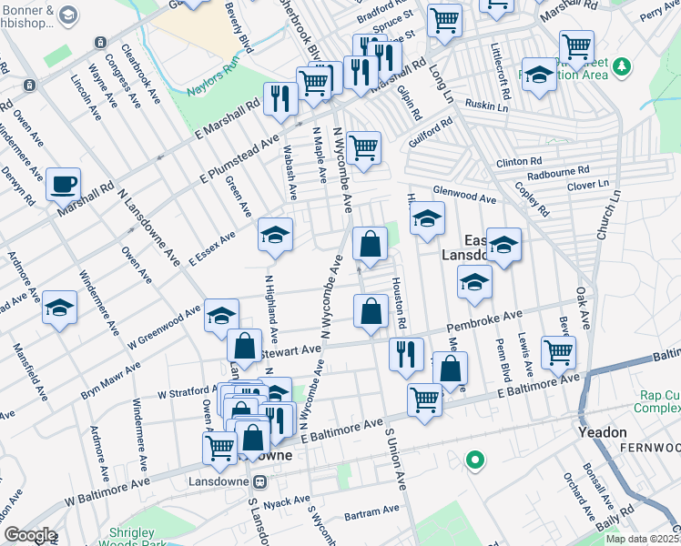 map of restaurants, bars, coffee shops, grocery stores, and more near 157 North Wycombe Avenue in Lansdowne