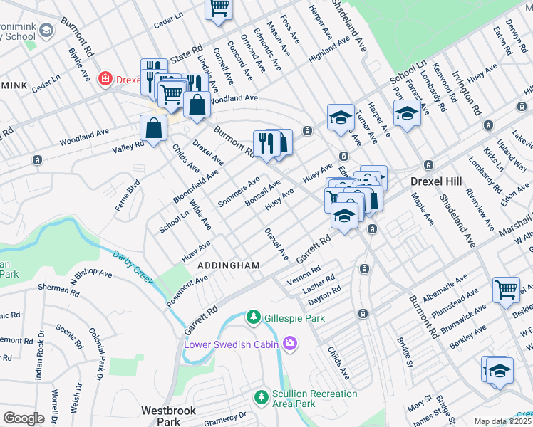 map of restaurants, bars, coffee shops, grocery stores, and more near 4030 Huey Avenue in Drexel Hill
