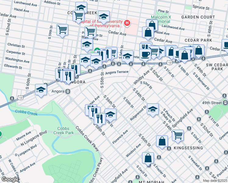 map of restaurants, bars, coffee shops, grocery stores, and more near 5516 Elliott Street in Philadelphia