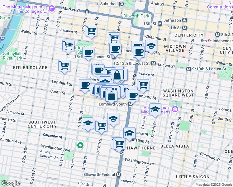 map of restaurants, bars, coffee shops, grocery stores, and more near 1508 Lombard Street in Philadelphia
