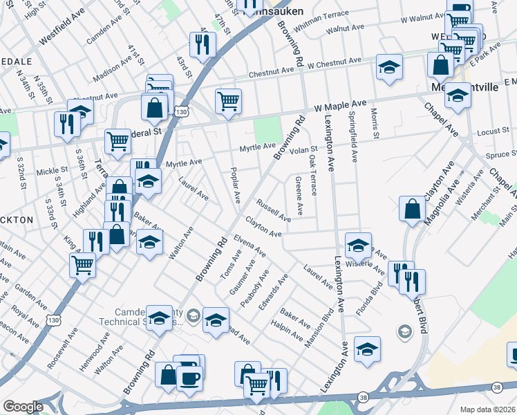 map of restaurants, bars, coffee shops, grocery stores, and more near 5010 Russell Avenue in Pennsauken Township