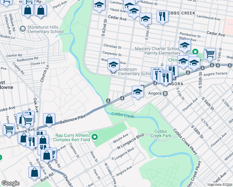 map of restaurants, bars, coffee shops, grocery stores, and more near 1204 South Edgewood Street in Philadelphia