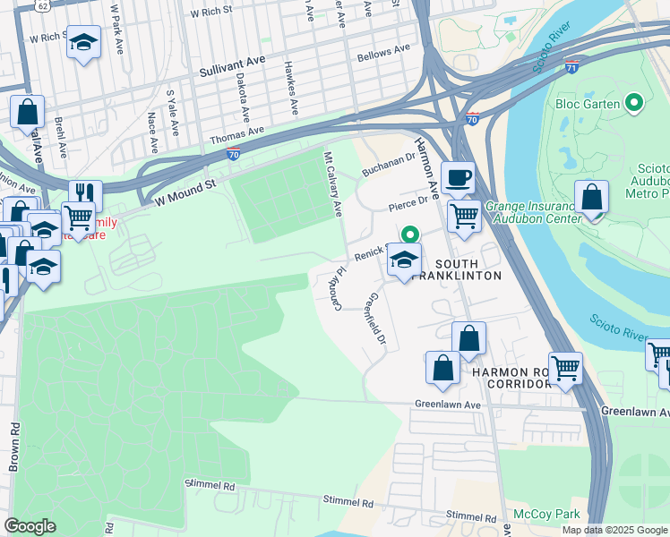 map of restaurants, bars, coffee shops, grocery stores, and more near 713 Canonby Place in Columbus