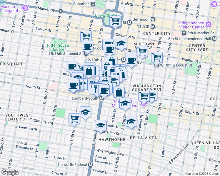 map of restaurants, bars, coffee shops, grocery stores, and more near in Philadelphia