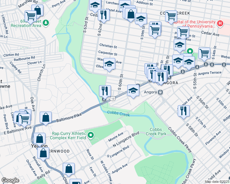map of restaurants, bars, coffee shops, grocery stores, and more near 1203 South Edgewood Street in Philadelphia