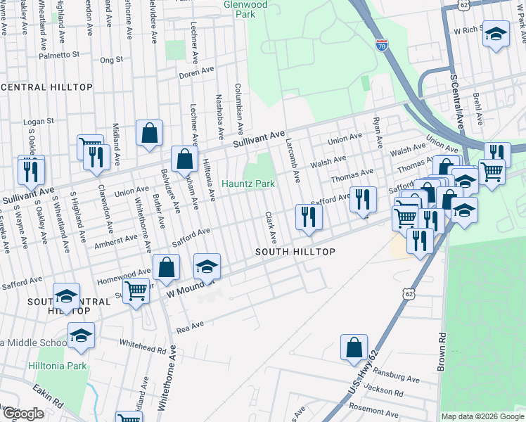 map of restaurants, bars, coffee shops, grocery stores, and more near 544 Columbian Avenue in Columbus