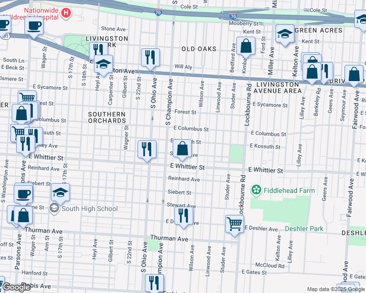map of restaurants, bars, coffee shops, grocery stores, and more near 1006 Oakwood Avenue in Columbus