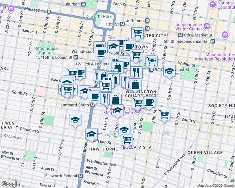 map of restaurants, bars, coffee shops, grocery stores, and more near 1214 Pine Street in Philadelphia