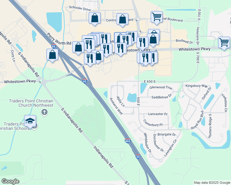 map of restaurants, bars, coffee shops, grocery stores, and more near 6518 Abby Lane in Zionsville