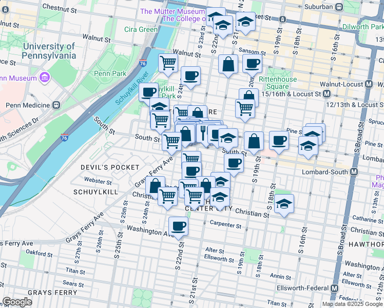 map of restaurants, bars, coffee shops, grocery stores, and more near 2208 Kater Street in Philadelphia