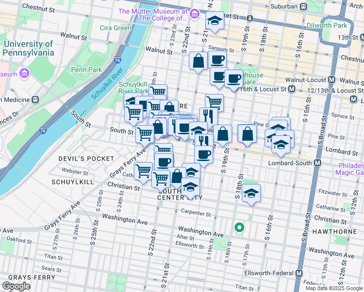 map of restaurants, bars, coffee shops, grocery stores, and more near 2111 Kater Street in Philadelphia