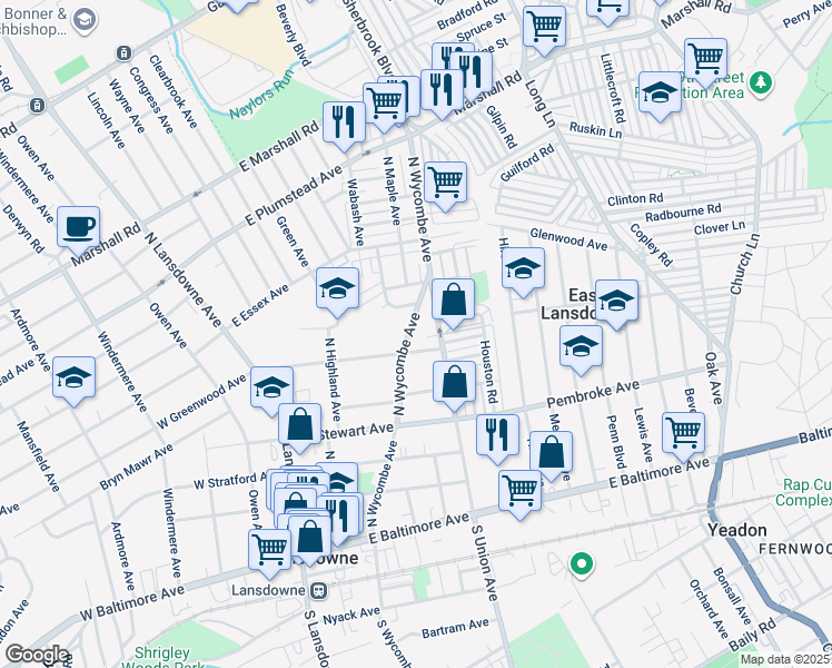 map of restaurants, bars, coffee shops, grocery stores, and more near 157 North Wycombe Avenue in Lansdowne