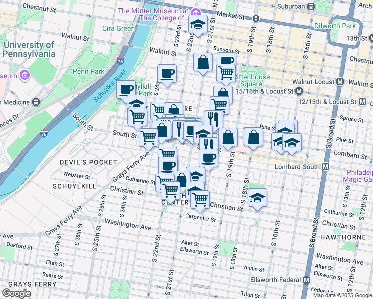 map of restaurants, bars, coffee shops, grocery stores, and more near 2111 Kater Street in Philadelphia