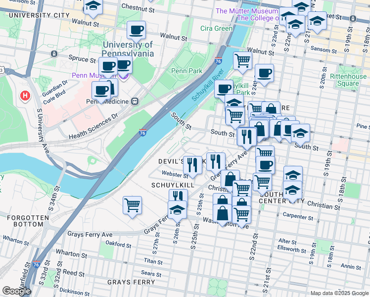 map of restaurants, bars, coffee shops, grocery stores, and more near 401 Schuylkill Avenue in Philadelphia