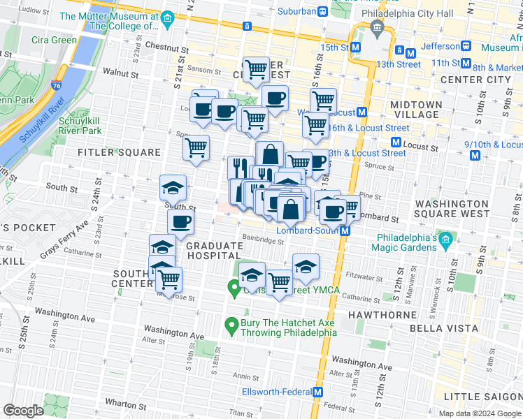 map of restaurants, bars, coffee shops, grocery stores, and more near 1704 Naudain Street in Philadelphia