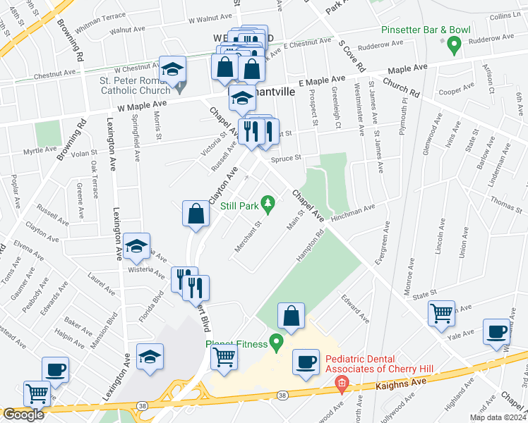 map of restaurants, bars, coffee shops, grocery stores, and more near 538 Merchant Street in Cherry Hill