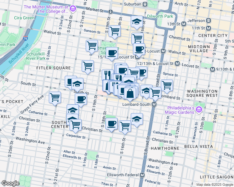 map of restaurants, bars, coffee shops, grocery stores, and more near 1704 Naudain Street in Philadelphia