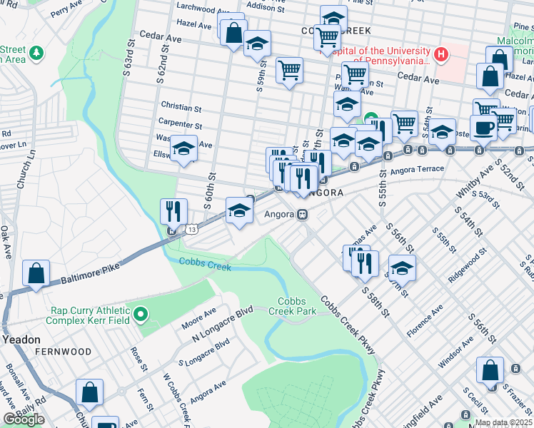 map of restaurants, bars, coffee shops, grocery stores, and more near 5836 Cedarhurst Street in Philadelphia