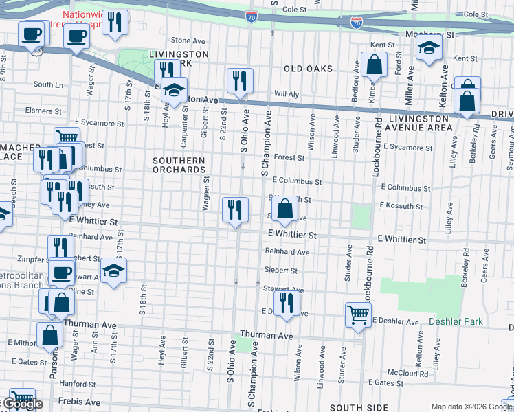 map of restaurants, bars, coffee shops, grocery stores, and more near 989 South Champion Avenue in Columbus