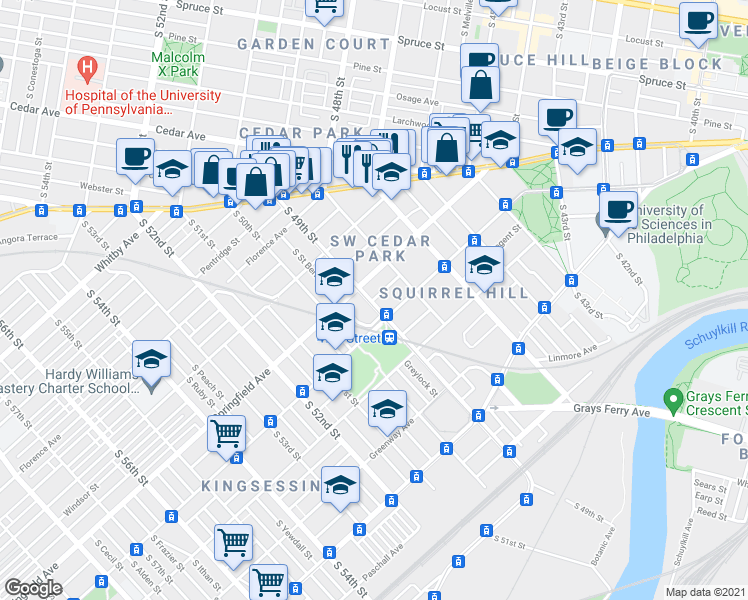 map of restaurants, bars, coffee shops, grocery stores, and more near Trinity Pl in Philadelphia