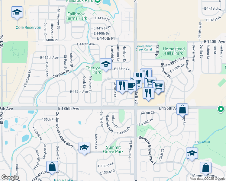 map of restaurants, bars, coffee shops, grocery stores, and more near 13648 Garfield Street in Thornton