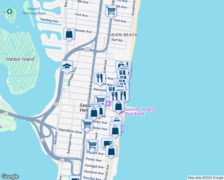 map of restaurants, bars, coffee shops, grocery stores, and more near 35 Fremont Avenue in Seaside Heights