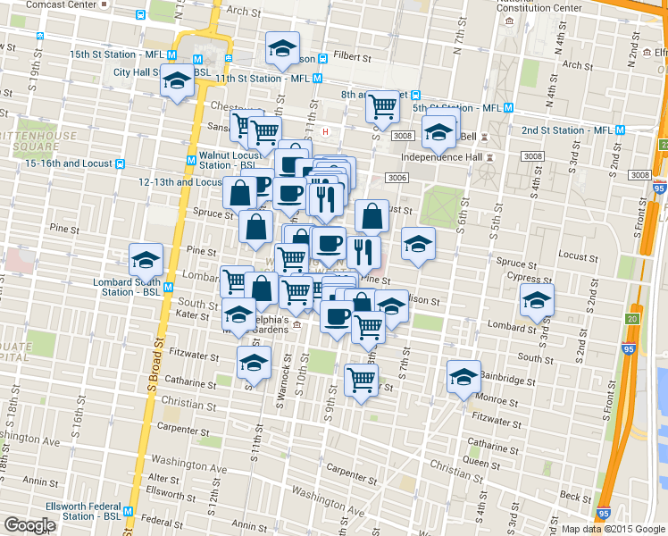 map of restaurants, bars, coffee shops, grocery stores, and more near in Philadelphia