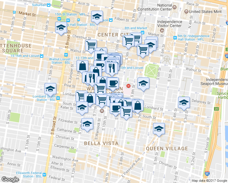 map of restaurants, bars, coffee shops, grocery stores, and more near in Philadelphia