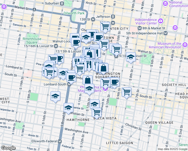 map of restaurants, bars, coffee shops, grocery stores, and more near 1214 Pine Street in Philadelphia
