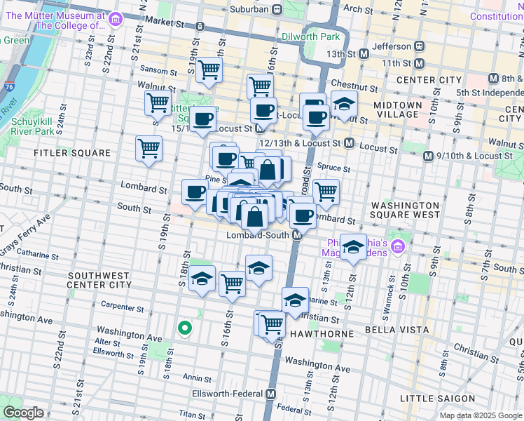 map of restaurants, bars, coffee shops, grocery stores, and more near 1523 Lombard Street in Philadelphia