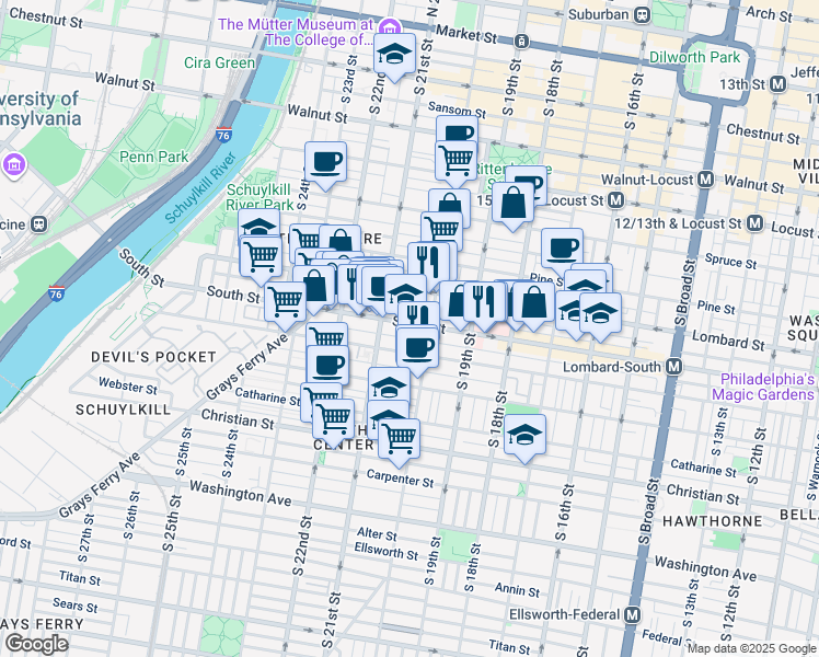 map of restaurants, bars, coffee shops, grocery stores, and more near 2007a South Street in Philadelphia