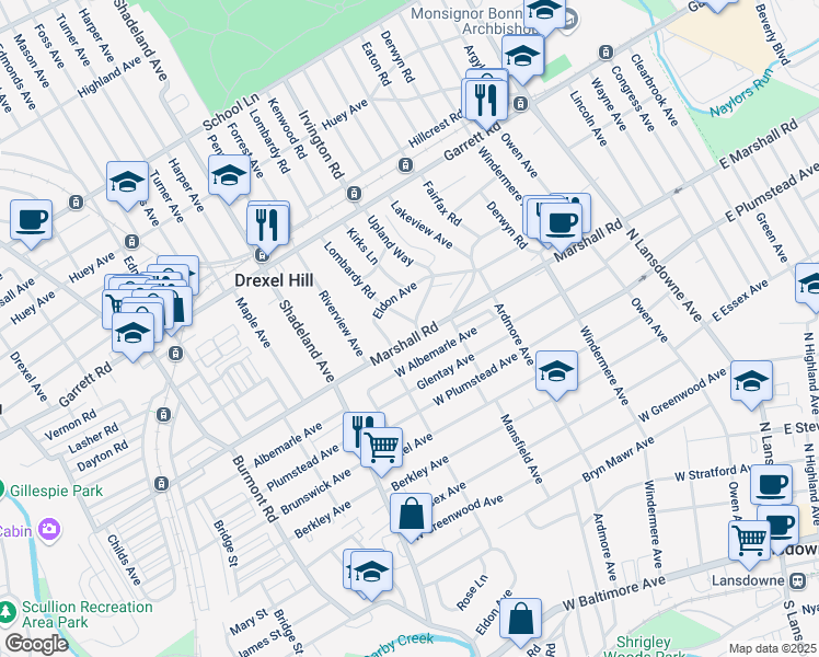 map of restaurants, bars, coffee shops, grocery stores, and more near 307 Upland Way in Drexel Hill