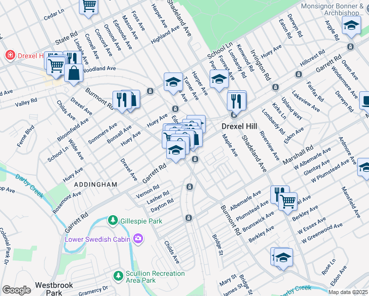 map of restaurants, bars, coffee shops, grocery stores, and more near 3709 Garrett Rd in Drexel Hill